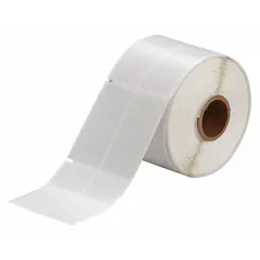 Vinyl wraparound label with matte white finish for permanent identification of wires from 6 AWG to 0 AWG. Measures 2 1/4 in x 1 in and is compatible with THT printer series using R4313 ribbon. Used in industrial electrical panels, machinery, and cable management for clear, durable marking.