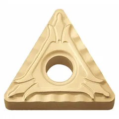 Triangle (T) indexable turning insert with CVD cerment coating. Used for medium to finishing cuts in turning operations on steel, stainless steel, and cast iron. Provides wear resistance and heat stability for general lathe machining.