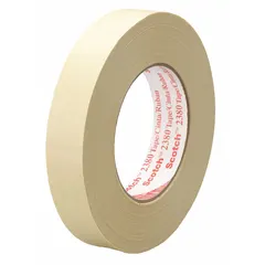 3M 2380 is a high-performance masking tape with a tan rubber adhesive on a crepe paper backing. Designed for indoor use, it provides clean removal on painted surfaces. The tape measures 1 7/8 inches wide by 60 yards long with a thickness of 7.2 mil. Suitable for creating sharp paint lines on walls, trim, and ceilings.