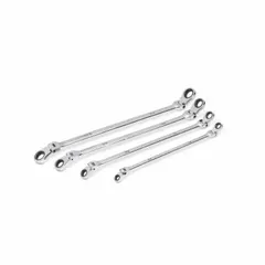 This set includes metric double-end wrenches with a 12-point ratcheting box end and an open end. The ratcheting mechanism allows fastener tightening or loosening without repositioning, useful in confined spaces with limited swing arc. Suitable for general mechanical assembly and maintenance tasks.