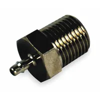 This nickel-plated brass barbed tube fitting connects tubing to UNF threaded ports. It is used in pneumatic and fluid-handling systems for secure push-on connections. Overall length is 23/32 in