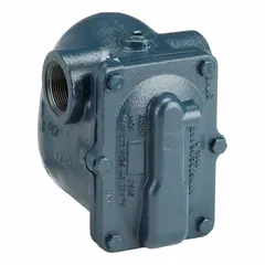 Cast iron C-pattern float and thermostatic steam trap with 1 1/2 in FNPT connection. Rated for 3,100 lb/hr capacity, 75 psi maximum pressure, and 377°F maximum temperature. Stainless steel float. Designed for horizontal installation. Used to drain condensate from steam lines, steam mains, and heat exchangers.