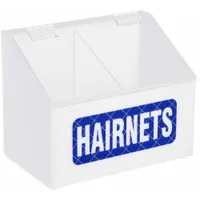 Wall-mountable acrylic dispenser with hinged top and two compartments for bulk hairnets. Features printed 'Hairnets' text and tray-style layout. Suitable for dispensing protective clothing in hygiene-sensitive areas