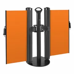 Retractable belt barrier system with a single post and 11 1/2 ft orange belt. Features a black finish, round flat belt profile, and industrial hook. Used for pedestrian flow management, queue guidance, and area delineation in industrial and commercial settings.