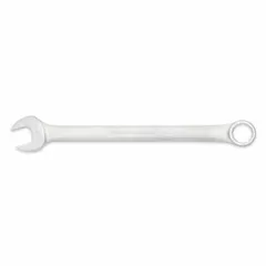 This SAE 12-point combination wrench features a 1-7/8 in head size and 27 in overall length with an offset design. Constructed from alloy steel with a satin finish, it is suited for tightening and loosening large fasteners in heavy industrial maintenance, construction, and mechanical repair.