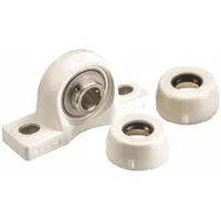 This inch-system pillow block ball bearing features a polymer housing and set screw locking for shaft mounting. It has a 1 1/4 in bore, 1 11/16 in shaft height, and 1/2 in mounting bolt size. Rated for a maximum temperature of 212°F and meeting NSF H1 standards, it is suitable for applications requiring incidental food contact, such as in food processing and packaging equipment