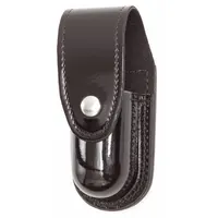 This holster is constructed from high gloss synthetic polymer with a snap closure for secure retention. It is designed to carry pepper spray canisters, providing quick access for security and personal defense applications