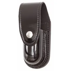This holster is constructed from high gloss synthetic polymer with a snap closure for secure retention. It is designed to carry pepper spray canisters, providing quick access for security and personal defense applications.