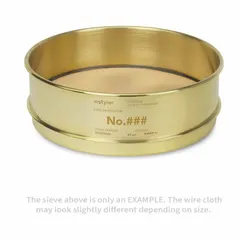 Brass-framed and brass-screened test sieve with 8-inch outside diameter and 2 5/8-inch height. Meets ASTM E11 standards with US Standard Screen Size #140. Used for particle size analysis and classification of granular materials in laboratory and industrial settings.