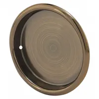 This steel tray pull features an Antique Brass finish in Brown. It has unthreaded holes for mounting and is used as a flush, low-profile handle for cabinet trays and drawers in commercial or industrial settings