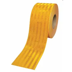 Yellow reflective tape with acrylic adhesive, 4 inches wide by 50 yards long. Designed for high-visibility marking on rail cars, locomotives, and rolling stock to improve safety in low-light conditions.