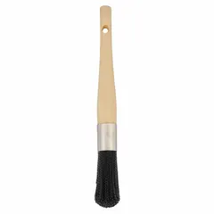This straight-style parts washing brush has an 11-inch overall length with a wood handle and nylon bristles. It is used for cleaning grease, oil, and debris from industrial parts and equipment in maintenance and repair operations.