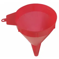 Red polyethylene spout funnel with integrated screen for filtering particulates during fluid transfer. 16 oz capacity, 6 1/2 in overall diameter, includes hanging tab for storage. Used for pouring oil, coolant, or fuel into containers or machinery in maintenance and shop environments.