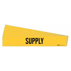 Yellow adhesive pipe marker with black 'Supply' legend, designed for pipes with outer diameter 2-1/2 to 7-7/8 inches. Pack of 5 markers without arrows. Used to identify supply lines in industrial piping systems.