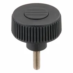 Knurled knob with a plastic body and stainless steel threaded stud. Features a 40 mm diameter, M6 thread, and 20 mm thread length in gray. Used for manual adjustment, clamping, or positioning of machinery components.