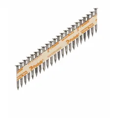 Collated metal connector nails, 1-1/2" length, flat head, smooth shank, steel, plain finish, diamond point. Used for fastening metal connectors, joist hangers, and framing hardware in wood construction. Supplied in a 3,000-count pack.