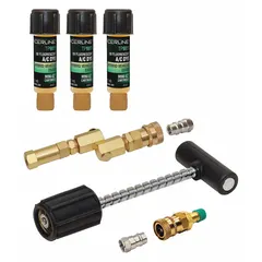 This UV leak detection kit is designed for locating refrigerant leaks in automotive air conditioning systems using R-1234yf. It includes an EZ-Ject Dye Injector Assembly and three 0.25 oz cartridges of Hybrid Vehicle/Ester A/C dye. The kit is suitable for use in fleet and vehicle maintenance applications.