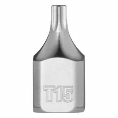 Torx bit socket with T15 tip size and 1/4 in drive. Fixed insert design. Overall length 51/64 in. Used for driving Torx T15 fasteners in assembly, maintenance, and repair tasks.