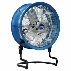 This stationary floor fan features an 18-inch polypropylene blade driven by a 3/8 hp direct-drive motor. Operating at 115V AC, it is designed for general air circulation and cooling in workshops, warehouses, and manufacturing facilities. Complies with UL 507 standards.
