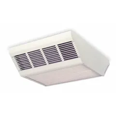 Fan-forced electric ceiling heater with selectable wattage output of 2500W, 3800W, or 5000W. Operates on 277V AC, 1-phase power. White finish. Dimensions: 5-3/4 in H x 16-7/16 in W x 5-3/4 in D. Thermostat not included. Suitable for surface mounting on ceilings in commercial or industrial spaces for supplemental heating.