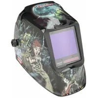Auto-darkening welding helmet with Zombie graphic, digital ADF, shade range W5 to W13, four arc sensors, and 3.74 x 3.34 in polycarbonate viewing area. Includes grind mode and ratchet suspension adjustment. Suitable for arc welding in fabrication, maintenance, and construction