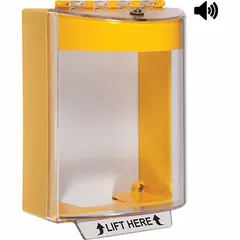 Yellow polycarbonate guard for outdoor electrical light switches. Clear cover with IP56 rating protects against vandalism and weather. Includes mounting hardware, surface-mount design, and 'LIFT HERE' legend. 4 in overall depth.