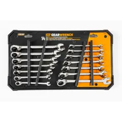 This set includes both SAE and Metric sizes of combination wrenches with a 12-point box end and ratcheting action. Made from alloy steel with a full polish chrome finish, these standard-length wrenches are suited for tightening and loosening fasteners in automotive, industrial, and mechanical applications.