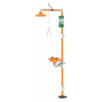 Floor-mount emergency shower with integrated eyewash station. Uncovered design with plastic bowl and galvanized steel pipe construction. Provides immediate decontamination for personnel exposed to hazardous substances in industrial environments