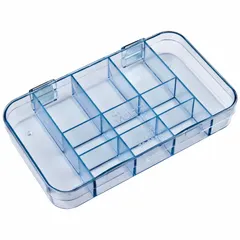 This clear plastic compartmented box features 11 fixed compartments, including two measuring 1-3/16 in x 4 in, for organizing small parts such as screws, nuts, beads, or craft supplies. It is not electrostatic discharge conductive. Suitable for workshops, garages, and hobbyists requiring clear visibility of contents.