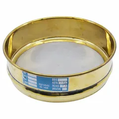This test sieve features a stainless steel cloth screen with US Standard #230 mesh, mounted in a brass frame. The 8-inch outside diameter sieve meets ASTM E11 standards for particle size analysis and material classification in laboratory and industrial settings.