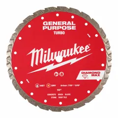 This 10-inch diamond saw blade features a turbo rim for efficient cutting of concrete, asphalt, block, brick, pavers, and roof tile. Suitable for wet or dry use on masonry saws.