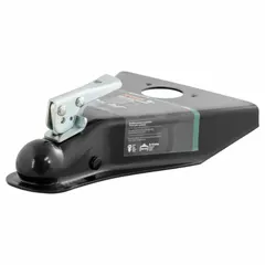 This CURT A-frame coupler is a Type III unit made from steel with a powder-coated finish and tear-resistant properties. It has a gross towing weight capacity of 5,000 lb. Used for connecting trailers with A-frame tongues to tow vehicles.