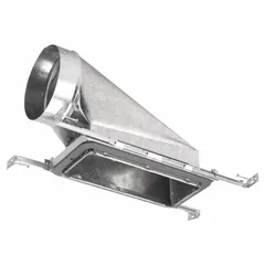 Steel vent boot with steel cap and collar, 6-inch diameter, 6-inch height by 6-inch width collar size, compatible with 4-inch register height. Used in HVAC ductwork to connect round ducting to floor or wall registers.