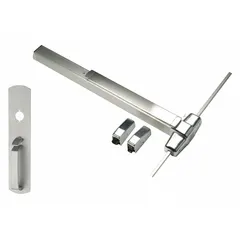 Surface vertical rod exit device with Touchbar and Thumbpiece Pull, finished in chrome. Designed for emergency egress on doors up to 3 ft wide, providing push-bar operation for code-compliant exit in commercial and industrial facilities.