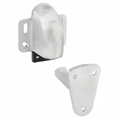 Door-mounted catch door holder with chrome finish. Width 2-1/2 in, overall height 2-3/4 in. Holds door open at a preset position for traffic flow and releases automatically. Suitable for commercial and industrial door control applications.