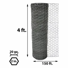 Steel hexagon mesh, 48 inches high by 150 feet long, with 2-inch mesh openings. Used for enclosing poultry, garden protection, and light fencing.