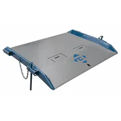 Steel dock board with diamond treadplate surface for traction. Overall length 48 in, width 84 in. Used to bridge the gap between loading dock and truck or container for forklift and pallet jack access.