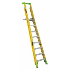 Fiberglass leaning podium ladder with a 14.3 x 19 inch platform and 375 lb load capacity. Weighs 52 lb. Suitable for industrial and commercial tasks requiring a stable elevated work surface, such as maintenance, electrical, and construction applications.
