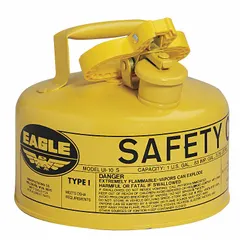 This Type I safety can is designed for storing and dispensing diesel fuel. It features a single opening for filling and pouring, and is constructed from powder coated steel with a yellow finish. The 1-gallon capacity makes it suitable for use in workshops, maintenance areas, and fuel-handling operations.