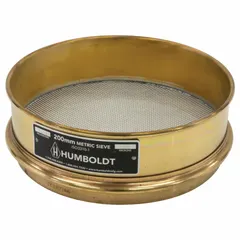 Test sieve with a stainless steel screen and brass frame. US Standard Screen Size: 1,250 micron. Outside diameter: 7 7/8 in, height: 66 mm. Meets AASHTO M92 standards. Used for particle size analysis of aggregates and soils in construction materials testing.