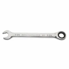 This SAE 12-point ratcheting combination wrench features a 1-1/4 in head size and is constructed from alloy steel with a full polish chrome finish. The ratcheting box end allows efficient fastening without repositioning the tool, making it suitable for use in confined spaces where swing arc is limited. Commonly used in automotive repair, industrial maintenance, and mechanical assembly.