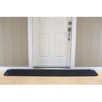 This black rubber ramp provides a smooth transition over door thresholds for wheelchairs, carts, and foot traffic. It is ADA compliant and measures 82 inches in length. Commonly used in commercial facilities, warehouses, and public buildings to eliminate trip hazards and improve accessibility
