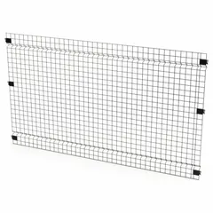 This steel woven-wire panel with a black powder-coated finish measures 4 ft high by 7 ft wide by 1 1/2 in deep. It is used as a component in industrial storage and partitioning systems to create secure, ventilated enclosures for inventory, tools, or equipment within warehouses and distribution centers.