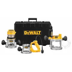 This DEWALT mid-size corded router delivers 2.25 hp with variable speed up to 24,000 RPM. It includes both fixed and plunge bases, and features a D-handle design. Suitable for edge profiling, dado cutting, and template routing in woodworking applications.