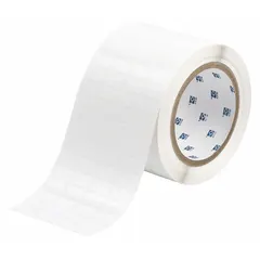 This precut label roll is made of white gloss polyester with an overall size of 3 11/32 in x 3/8 in. It is designed for use with i5100 series printers for on-demand industrial labeling. Typical applications include asset tracking, cable marking, and component identification in manufacturing and electrical environments.