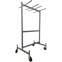 This hanging rack is designed for storing and transporting folding chairs and rectangular tables. It accommodates up to 24 chairs and features four swivel casters for maneuverability. The frame is finished in gray. Typical applications include event venues, schools, and banquet halls.