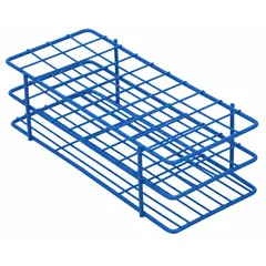 Steel test tube rack with blue finish for benchtop use. Holds up to 40 test tubes. Overall dimensions: 8 in length, 3 5/8 in width, 2 1/2 in height. Suitable for organizing samples during laboratory experiments and analysis.