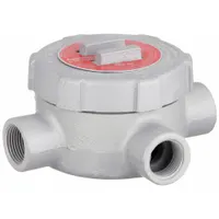 Iron conduit outlet body with X-style body and round back, designed for use with threaded IMC. Features threaded female hubs, triple coat epoxy coating, and includes cover and gasket. Rated for hazardous locations and complies with CSA C22.2 No. 30. Suitable for pulling, splicing, or redirecting conductors in electrical conduit systems