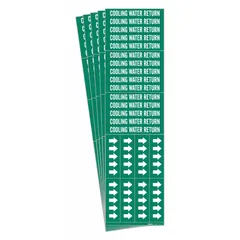 Green adhesive pipe marker with white legend 'Cooling Water Return' and directional arrows. Designed for pipes with outside diameter of 3/4 in and smaller. Each pack contains 5 markers for identifying cooling water return lines in industrial piping systems.