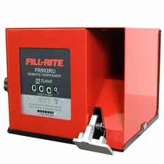 This remote meter dispenser is designed for tank mounting and operates on 110V/220V AC power. It features a 1 in NPT connection, flow range of 6 to 40 gpm, and meter accuracy of +/-2%. Includes a remote on/off switch. Suitable for fuel transfer applications in industrial, agricultural, and fleet operations.